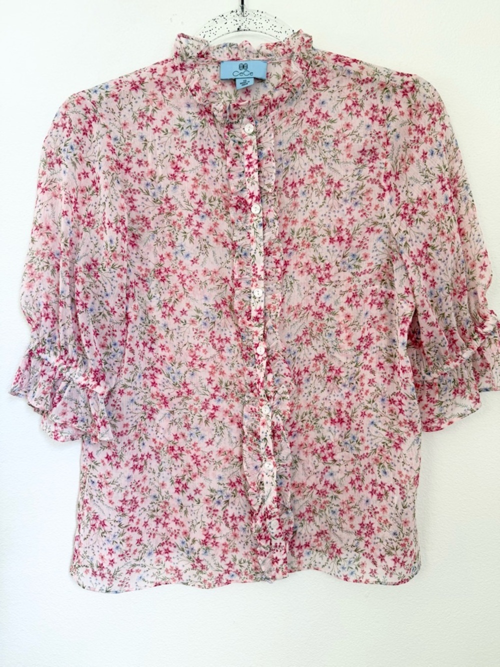 CeCe Pink Ditsy Floral Ruffle Sheer Blouse Feminine Cuffs Sleeves Size XS